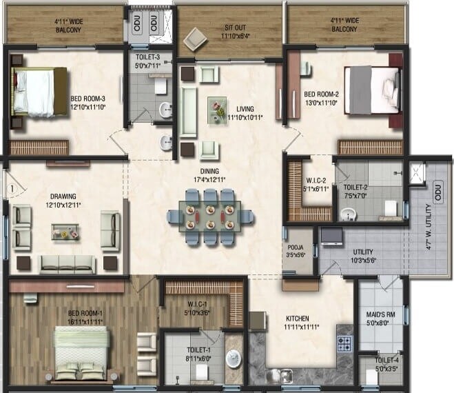 Floor plan of 3 BHK 2615 Sq. Ft. Apartment in Sumadhura Acropolis, Hyderabad