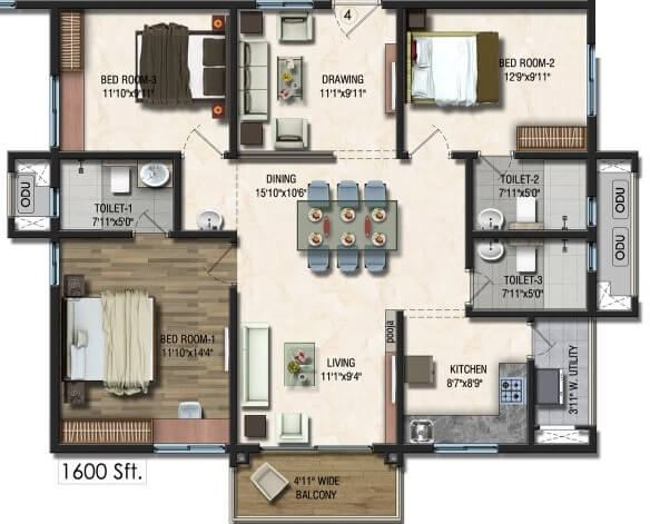 Floor plan of 3 BHK 1600 Sq. Ft. Apartment in Sumadhura Acropolis Hyderabad, Hyderabad