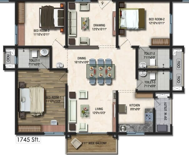 Floor plan of 3 BHK 1745 Sq. Ft. Apartment in Sumadhura Acropolis Hyderabad, Hyderabad