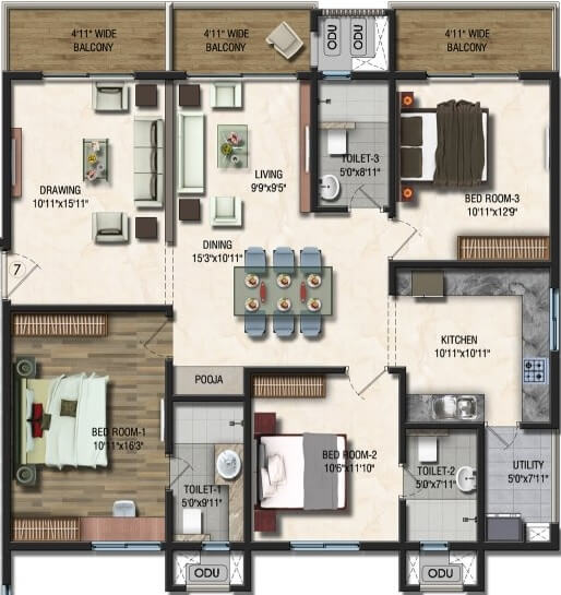 Floor plan of 3 BHK 1925 Sq. Ft. Apartment in Sumadhura Acropolis Hyderabad, Hyderabad