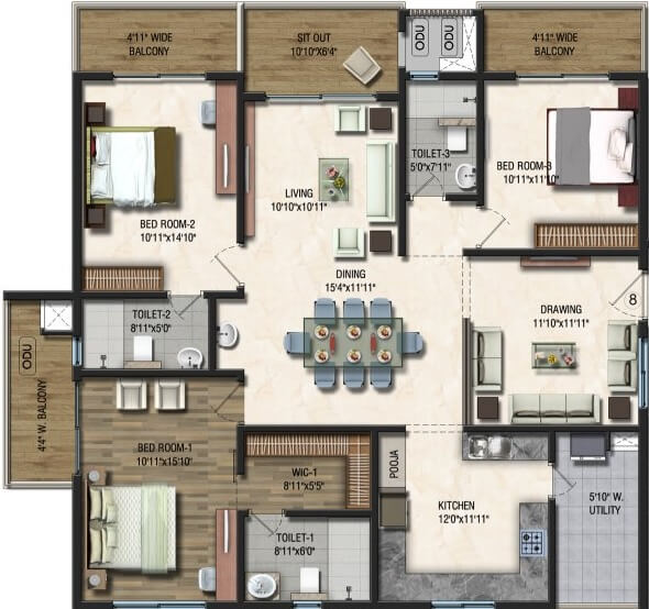 Floor plan of 3 BHK 2270 Sq. Ft. Apartment in Sumadhura Acropolis Hyderabad, Hyderabad