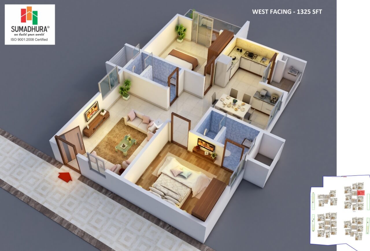 Floor plan of 2 BHK 1325 Sq. Ft. Apartment in Sumadhura Horizon, Hyderabad