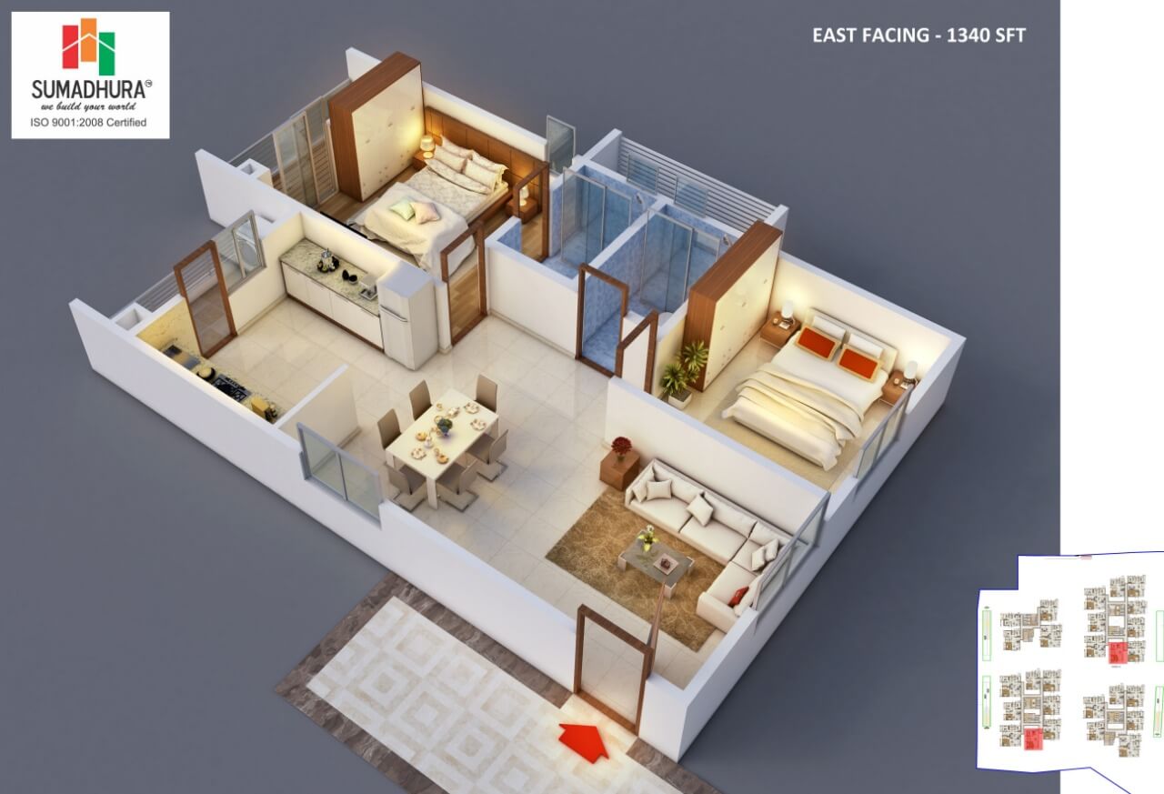 Floor plan of 2 BHK 1340 Sq. Ft. Apartment in Sumadhura Horizon, Hyderabad
