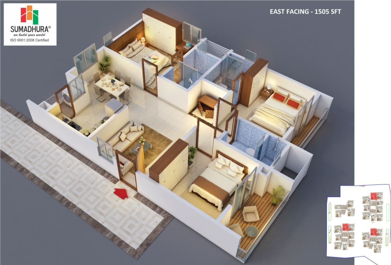 Floor plan of 3 BHK 1505 Sq. Ft. Apartment in Sumadhura Horizon, Hyderabad