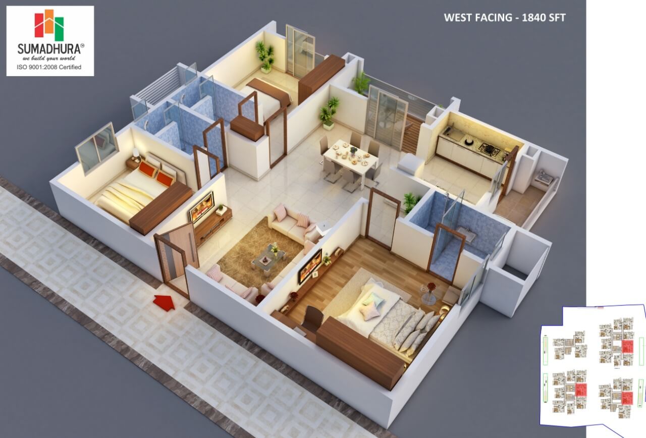 Floor plan of 3 BHK 1840 Sq. Ft. Apartment in Sumadhura Horizon, Hyderabad