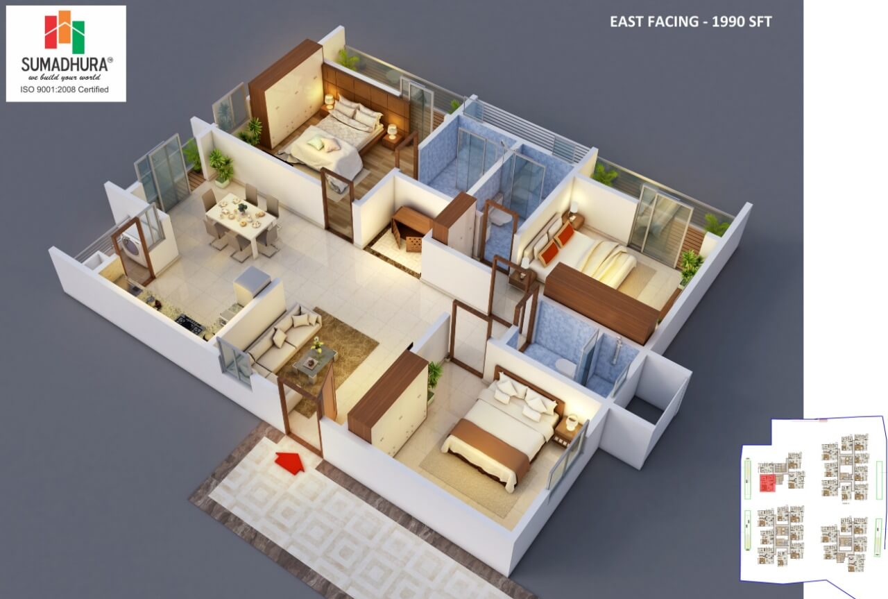 Floor plan of 3 BHK 1990 Sq. Ft. Apartment in Sumadhura Horizon, Hyderabad