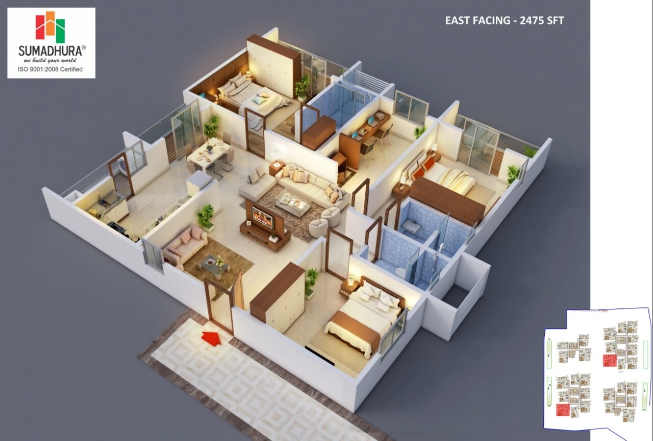 Floor plan of 3 BHK 2475 Sq. Ft. Apartment in Sumadhura Horizon, Hyderabad