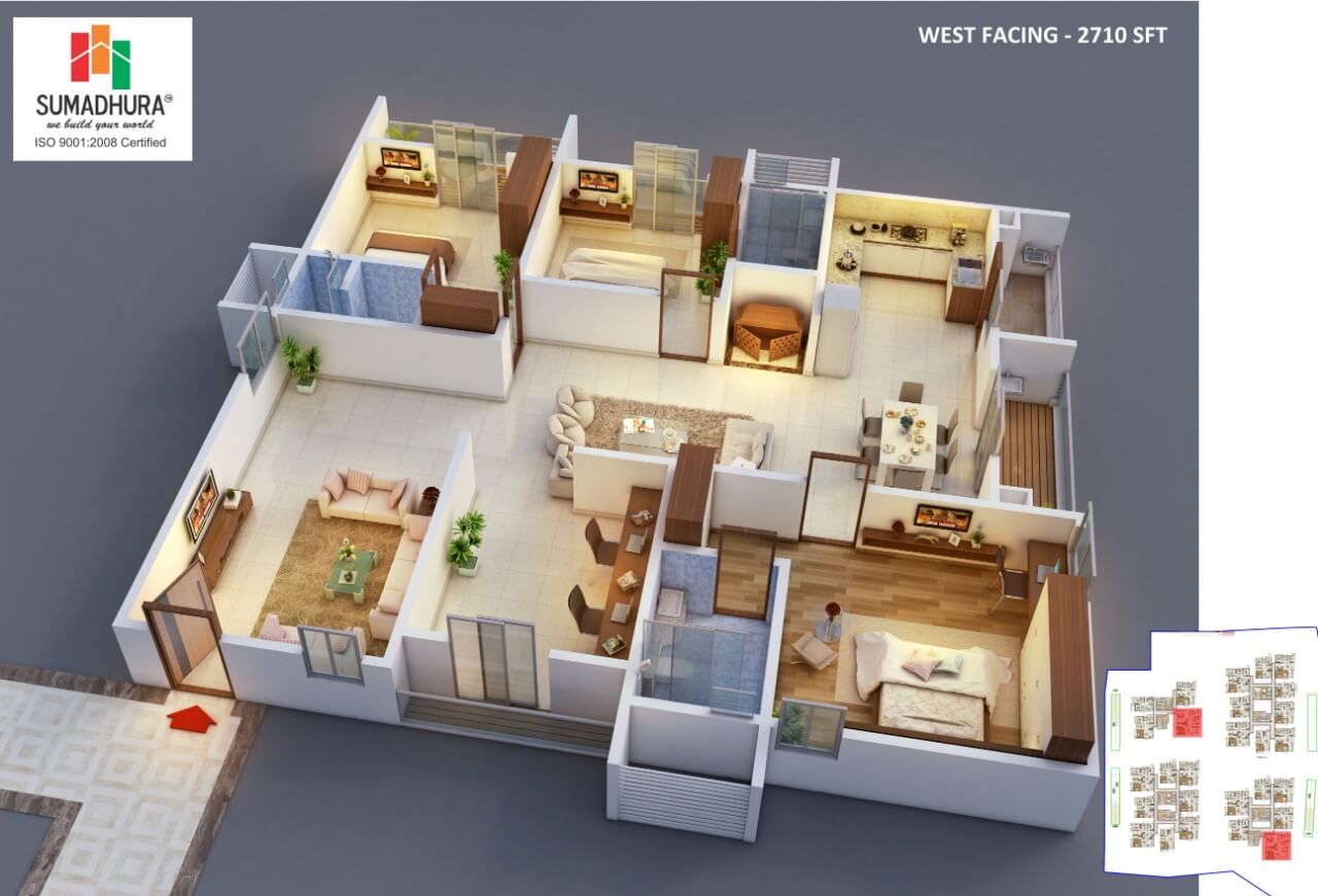 Floor plan of 3 BHK 2710 Sq. Ft. Apartment in Sumadhura Horizon, Hyderabad