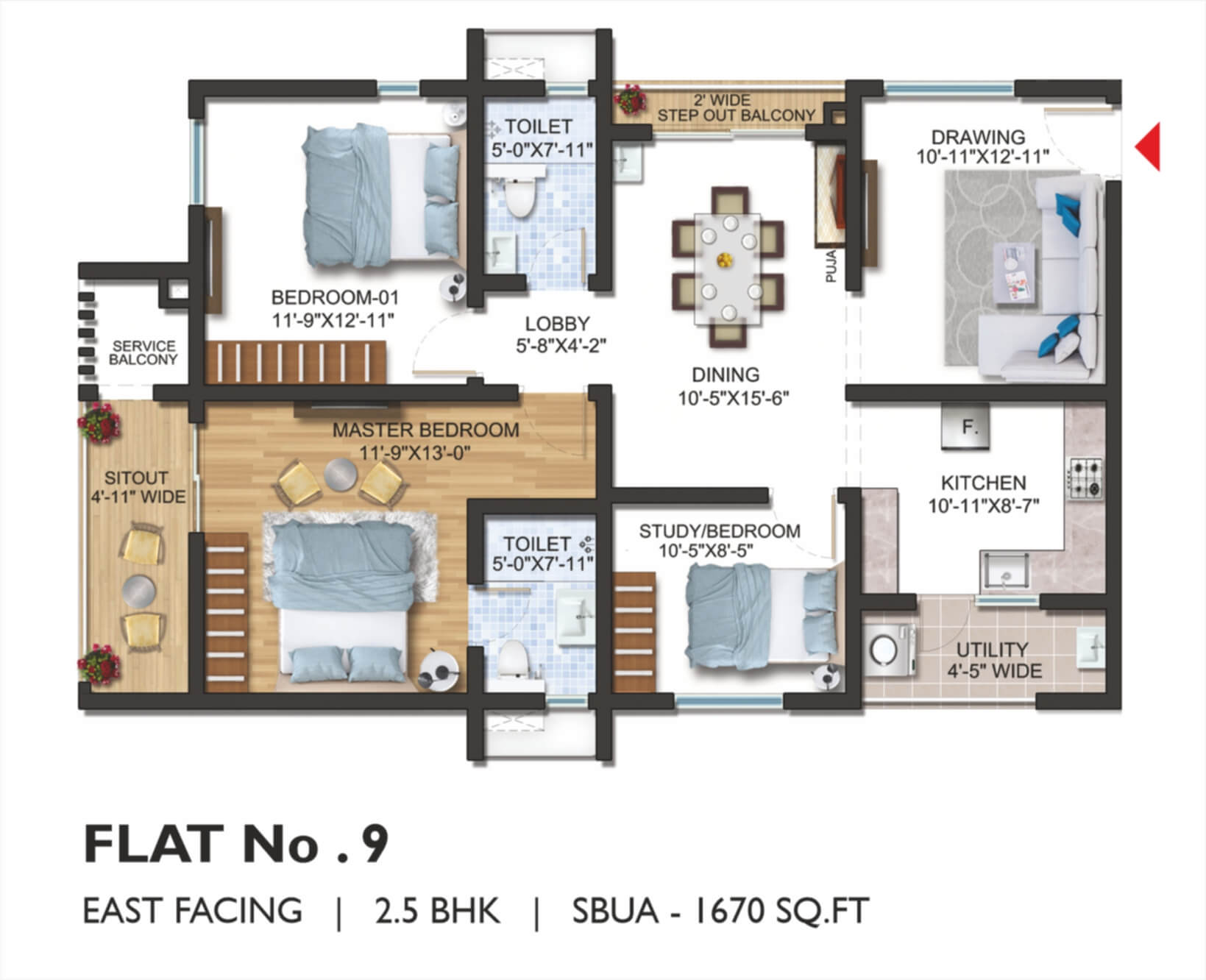 Floor plan of 3 BHK Apartment - 1670 sq. ft. in Sumadhura The Olympus, Hyderabad