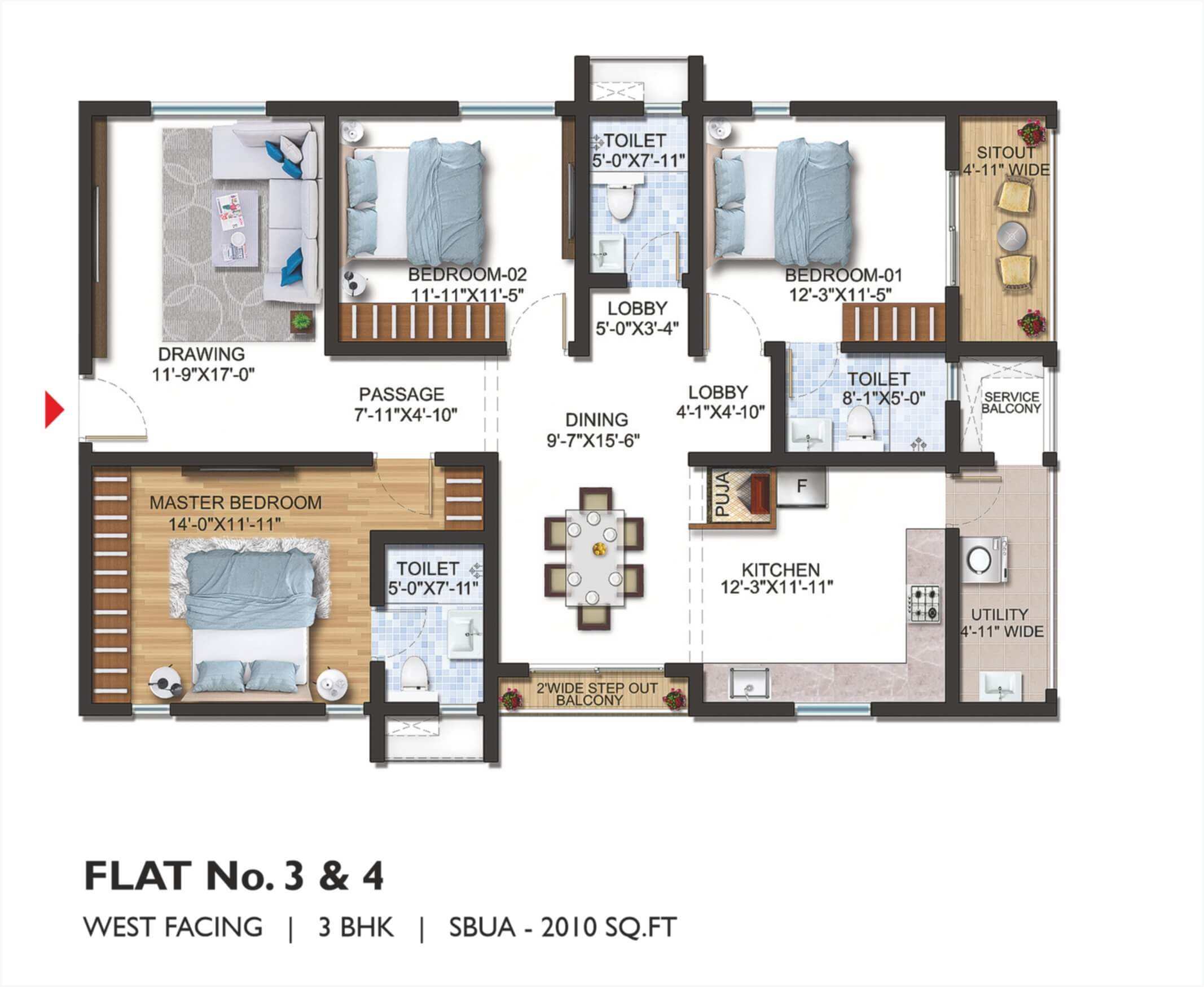Floor plan of 3 BHK Apartment - 2010 sq. ft. in Sumadhura The Olympus, Hyderabad