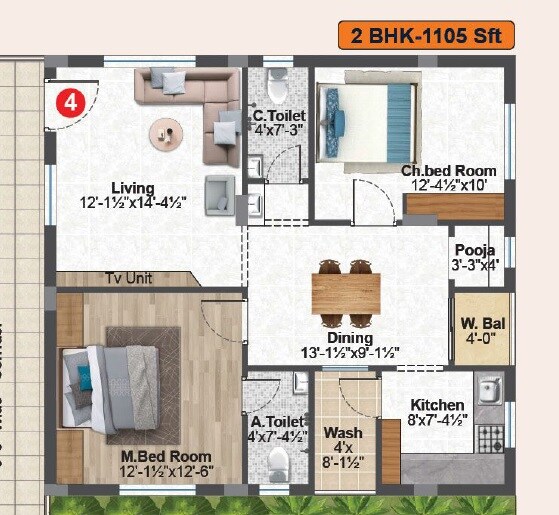 2 BHK 1105 Sq. Ft. Apartment