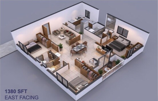 Floor plan of 3 BHK 1380 Sq. Ft. Apartment in Sunrise Balaji Avenue, Hyderabad