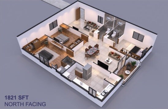 Floor plan of 3 BHK 1821 Sq. Ft. Apartment in Sunrise Balaji Avenue, Hyderabad