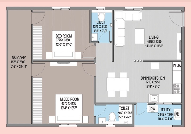 Floor plan of 2 BHK 1045 Sq. Ft. Apartment in Sunrise Sky Plaza, Hyderabad