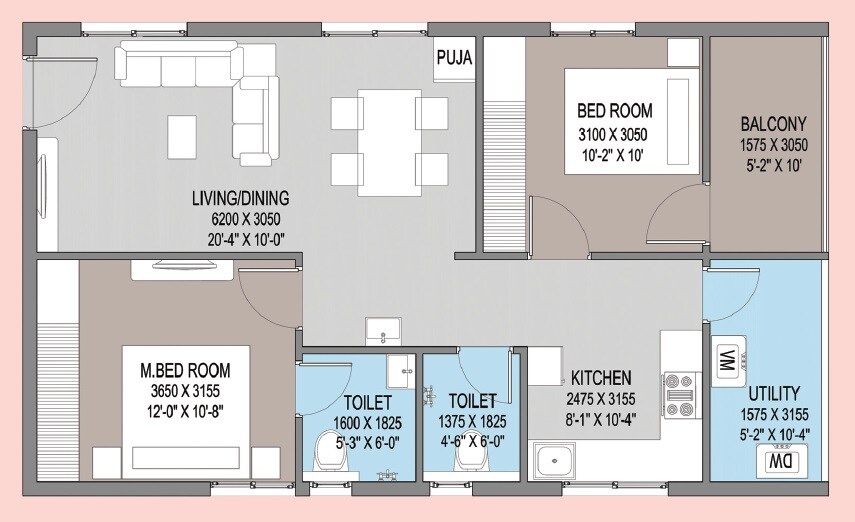 Floor plan of 2 BHK 1345 Sq. Ft. Apartment in Sunrise Sky Plaza, Hyderabad