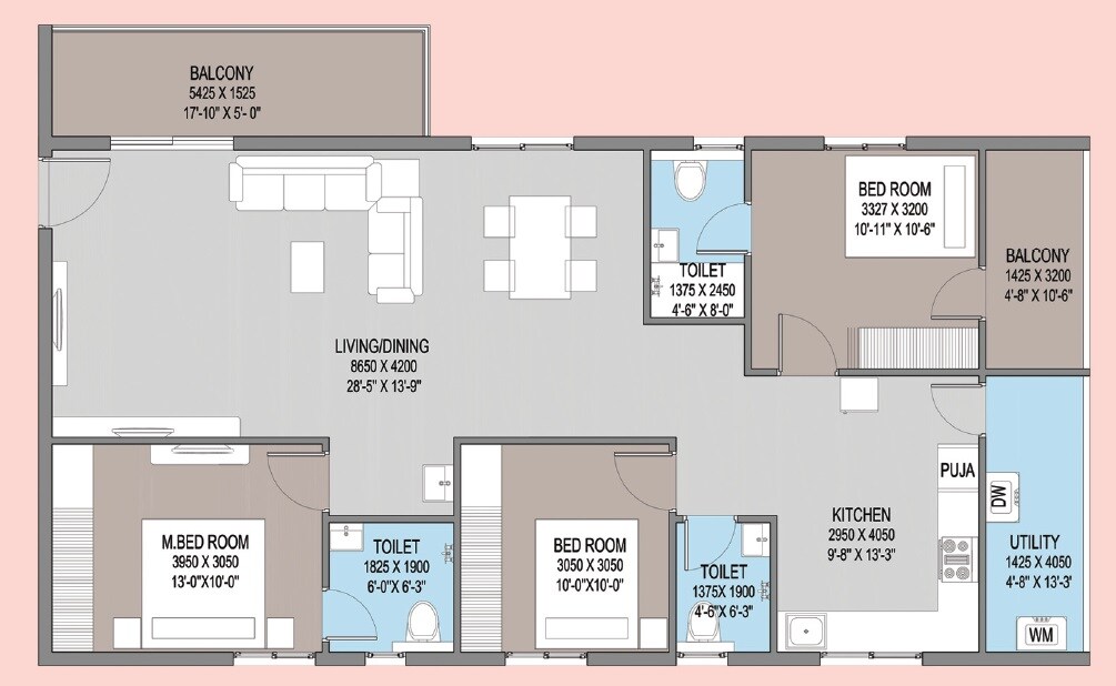 Floor plan of 3 BHK 1535 Sq. Ft. Apartment in Sunrise Sky Plaza, Hyderabad