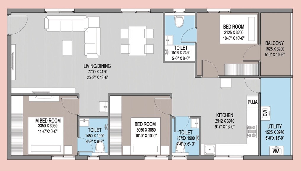 Floor plan of 3 BHK 1827 Sq. Ft. Apartment in Sunrise Sky Plaza, Hyderabad