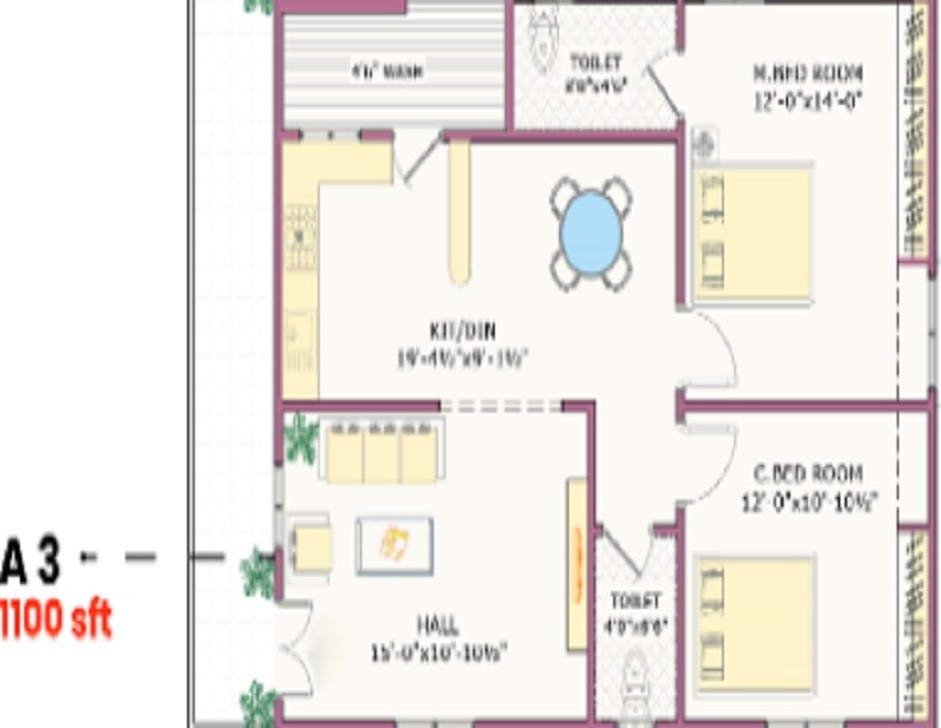 Floor plan of 2 BHK 1100 Sq. Ft. Apartment in Sunrise Square, Hyderabad
