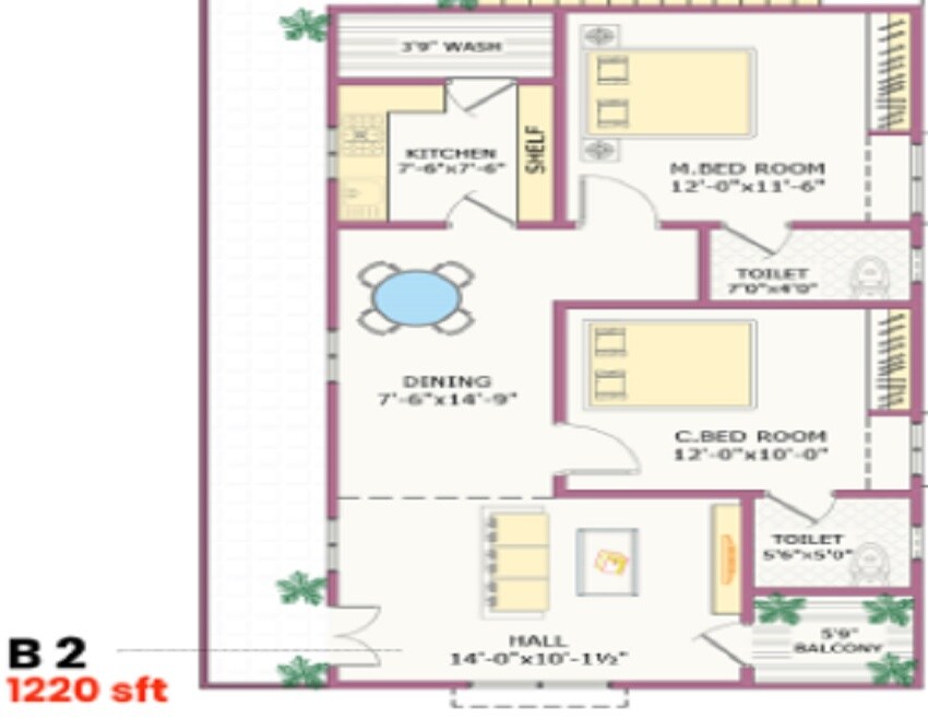 Floor plan of 2 BHK 1220 Sq. Ft. Apartment in Sunrise Square, Hyderabad
