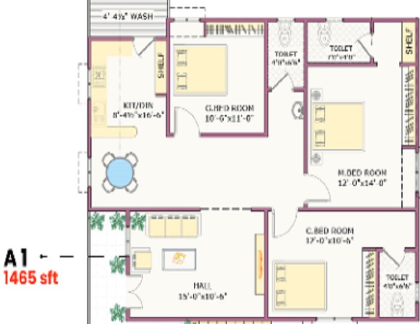Floor plan of 3 BHK 1465 Sq. Ft. Apartment in Sunrise Square, Hyderabad
