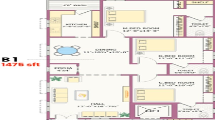 Floor plan of 3 BHK 1475 Sq. Ft. Apartment in Sunrise Square, Hyderabad