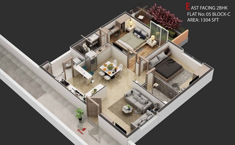 Floor plan of 2 BHK 1304 Sq. Ft. Apartment in Sunshine Destino, Hyderabad