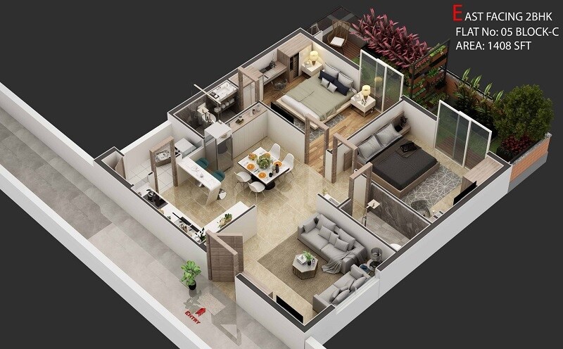 Floor plan of 2 BHK 1408 Sq. Ft. Apartment in Sunshine Destino, Hyderabad