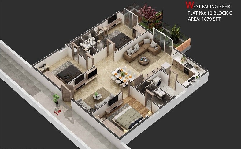 Floor plan of 3 BHK 1879 Sq. Ft. Apartment in Sunshine Destino, Hyderabad
