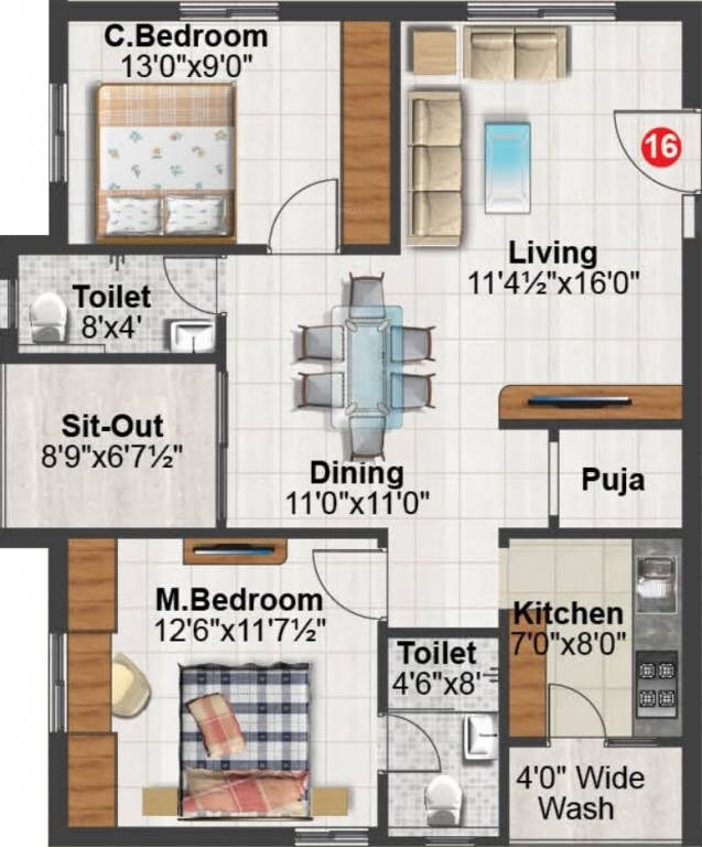Floor plan of 2 BHK 1143 Sq. Ft. Apartment in Sunshine Iris, Hyderabad