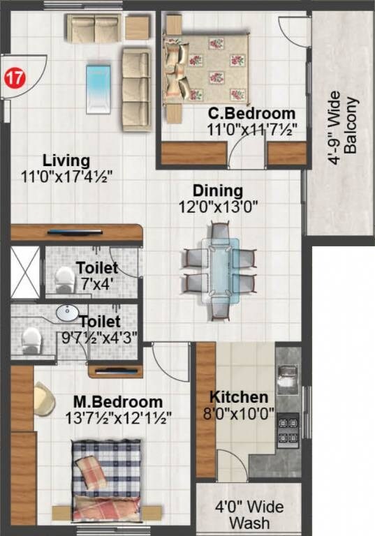 Floor plan of 2 BHK 1296 Sq. Ft. Apartment in Sunshine Iris, Hyderabad