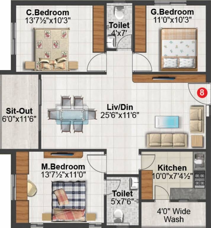 Floor plan of 3 BHK 1379 Sq. Ft. Apartment in Sunshine Iris, Hyderabad