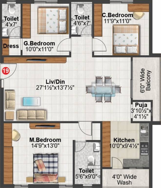 Floor plan of 3 BHK 1653 Sq. Ft. Apartment in Sunshine Iris, Hyderabad