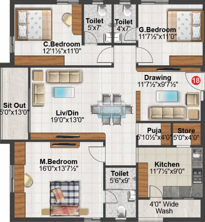 Floor plan of 3 BHK 1776 Sq. Ft. Apartment in Sunshine Iris, Hyderabad