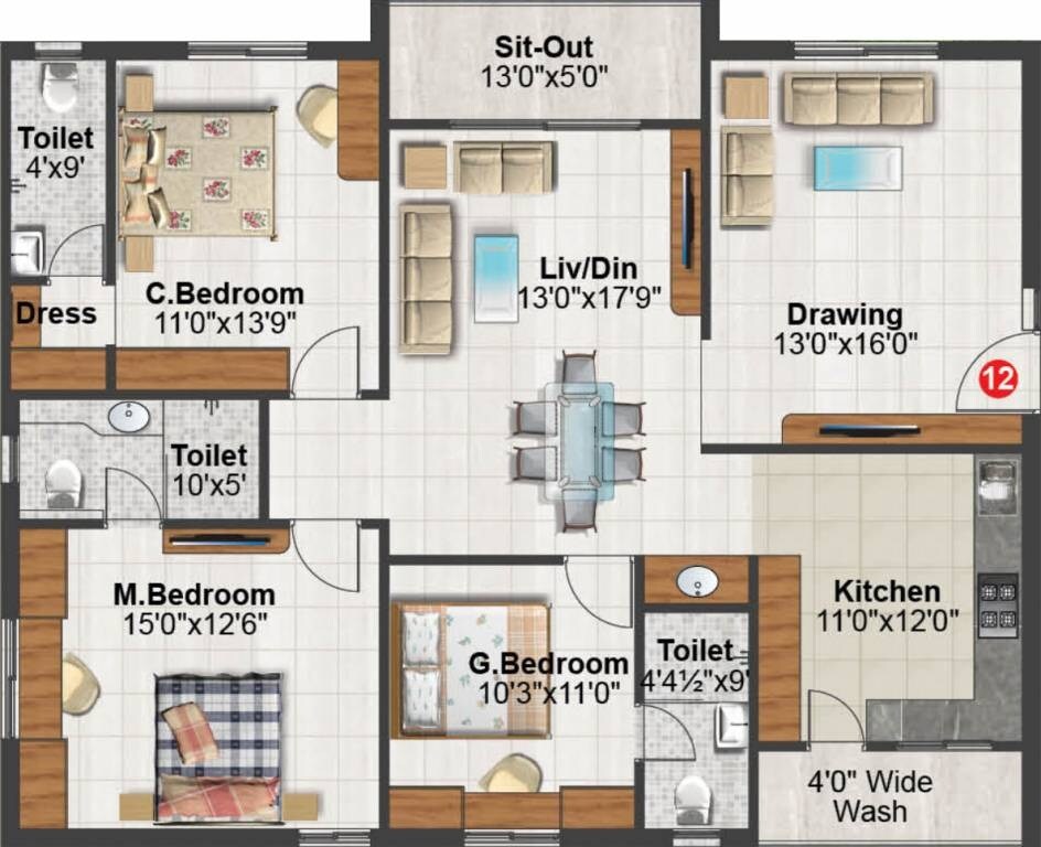 Floor plan of 3 BHK 1842 Sq. Ft. Apartment in Sunshine Iris, Hyderabad
