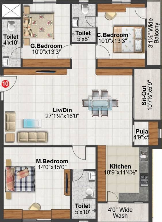 Floor plan of 3 BHK 1937 Sq. Ft. Apartment in Sunshine Iris, Hyderabad