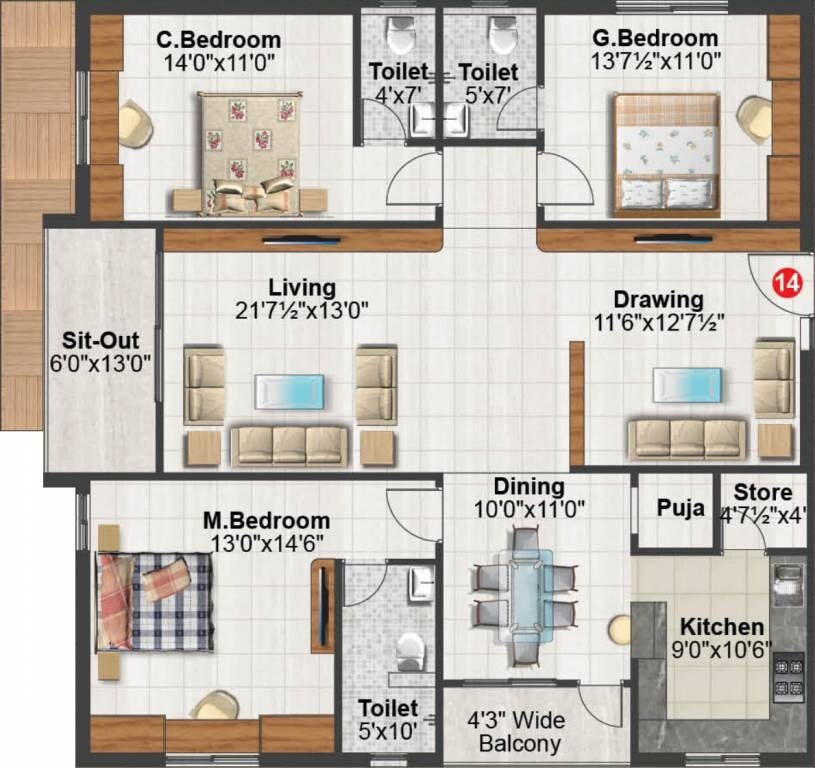 Floor plan of 3 BHK 2052 Sq. Ft. Apartment in Sunshine Iris, Hyderabad