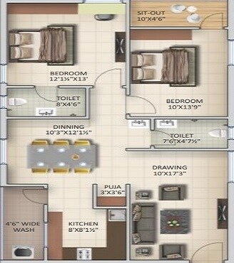 Floor plan of 2 BHK 1260 Sq. Ft. Apartment in Sunshine La Grand, Hyderabad