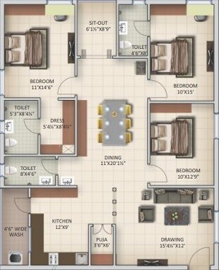 Floor plan of 3 BHK 1800 Sq. Ft. Apartment in Sunshine La Grand, Hyderabad