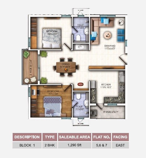 Floor plan of 2 BHK 1290 Sq. Ft. Apartment in Sunyuga Elegance, Hyderabad