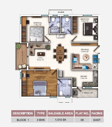 Floor plan of 3 BHK 1510 Sq. Ft. Apartment in Sunyuga Elegance, Hyderabad