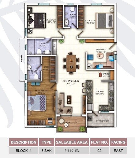 Floor plan of 3 BHK 1895 Sq. Ft. Apartment in Sunyuga Elegance, Hyderabad