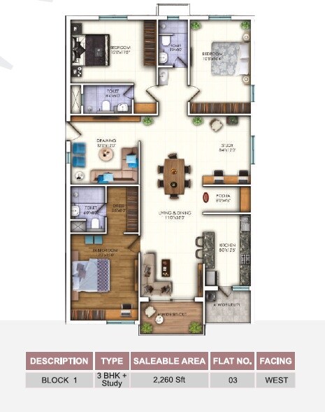 Floor plan of 3 BHK 2260 Sq. Ft. Apartment in Sunyuga Elegance, Hyderabad