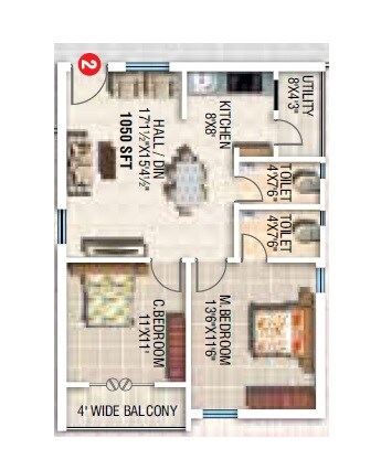 Floor plan of 2 BHK 1050 Sq. Ft. Apartment in Sunyuga Iris, Hyderabad