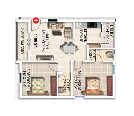 Floor plan of 2 BHK 1100 Sq. Ft. Apartment in Sunyuga Iris, Hyderabad