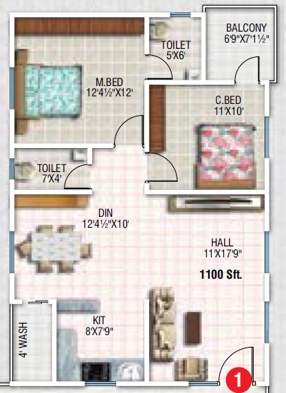 Floor plan of 2 BHK 1100 Sq. Ft. Apartment in Sunyuga Prakruthi, Hyderabad