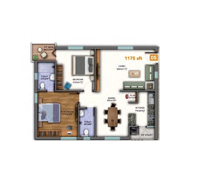 Floor plan of 2 BHK 1175 Sq. Ft. Apartment in Sunyuga Vista, Hyderabad