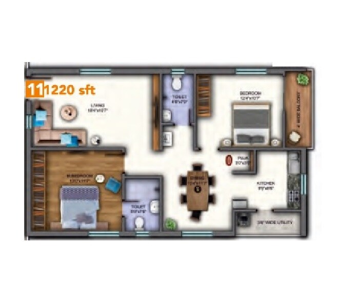 Floor plan of 2 BHK 1220 Sq. Ft. Apartment in Sunyuga Vista, Hyderabad
