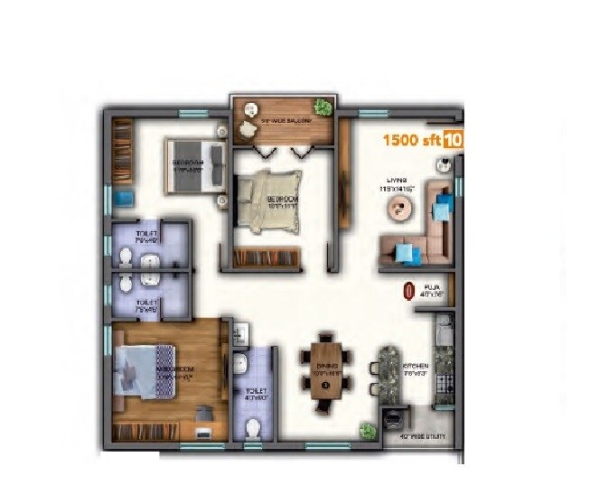 Floor plan of 3 BHK 1500 Sq. Ft. Apartment in Sunyuga Vista, Hyderabad