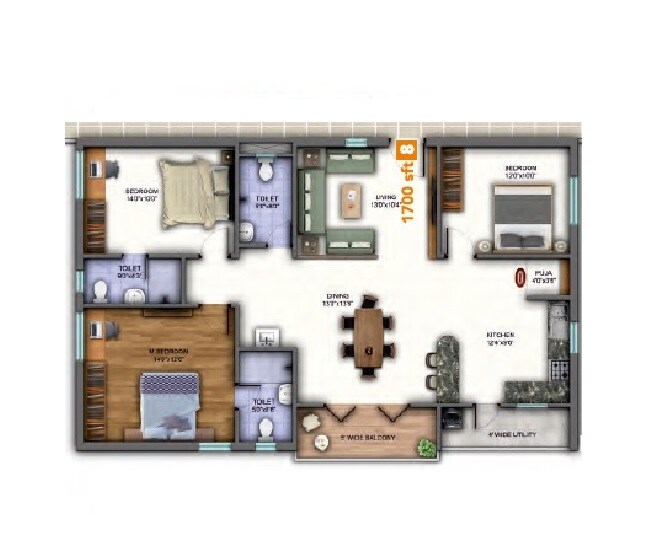 Floor plan of 3 BHK 1700 Sq. Ft. Apartment in Sunyuga Vista, Hyderabad
