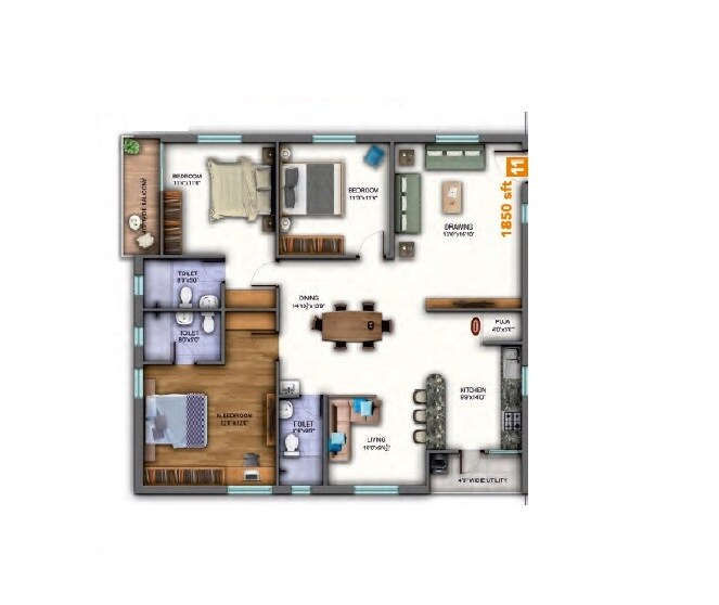 Floor plan of 3 BHK 1850 Sq. Ft. Apartment in Sunyuga Vista, Hyderabad